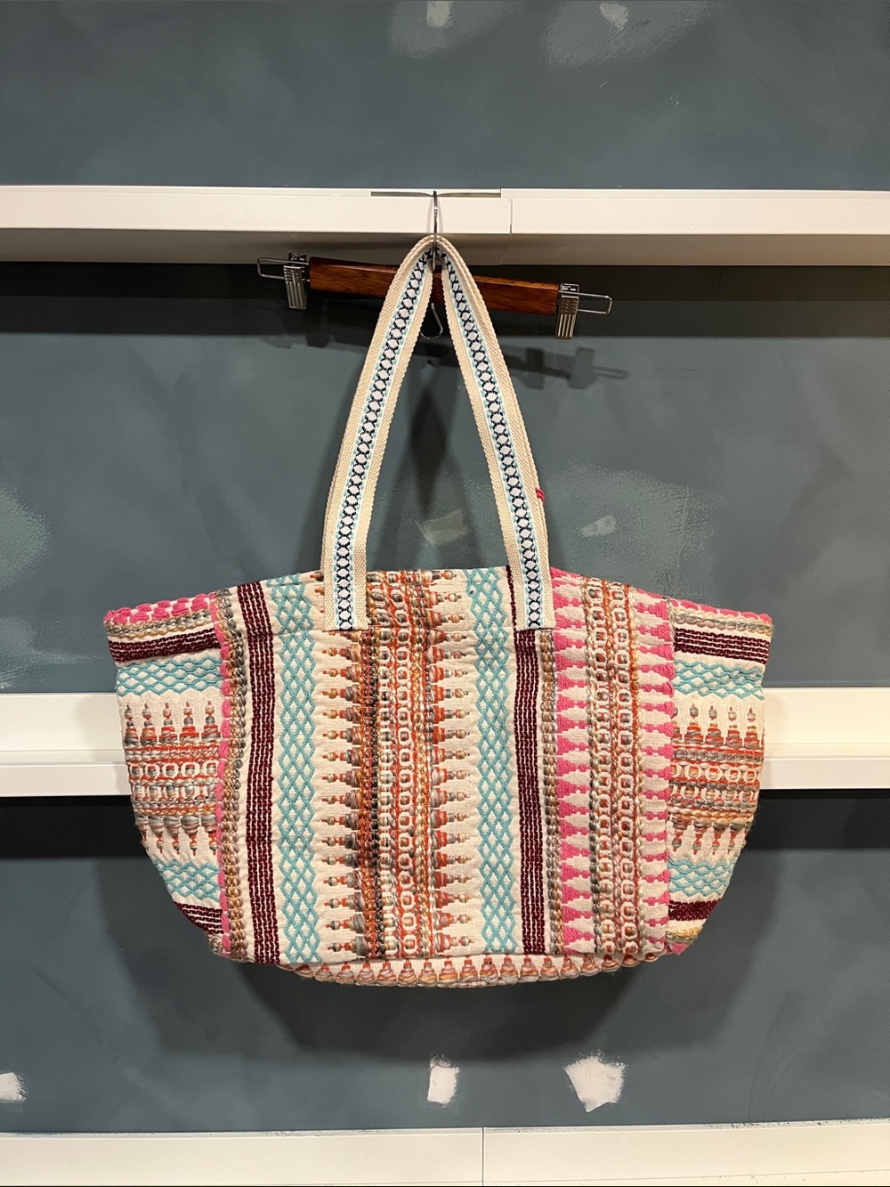 Striped Boho Woven Tote Bag - Pink & Aqua